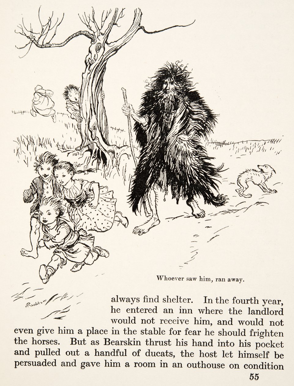Kuka tahansa, joka näki hänet, pakeni, kirjasta Pikkuveli & Pikkusisar ja muita Grimmin veljien tarinoita, pub.1917 (litho) tekijältä Arthur Rackham