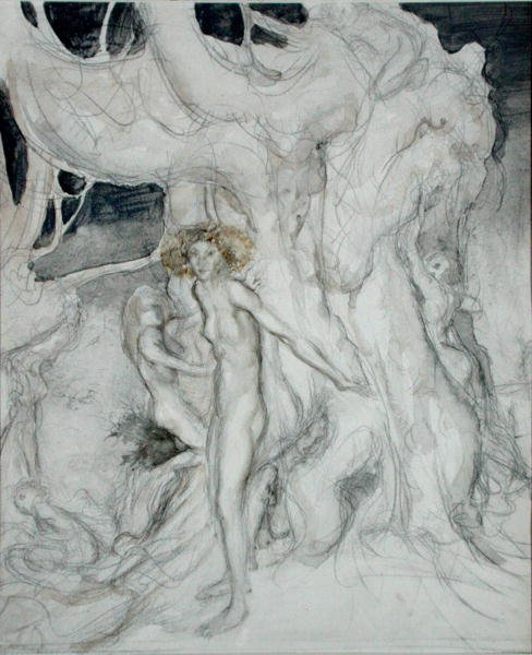 Puunymfit (akvarelli ja kynä paperille) tekijältä Arthur Rackham