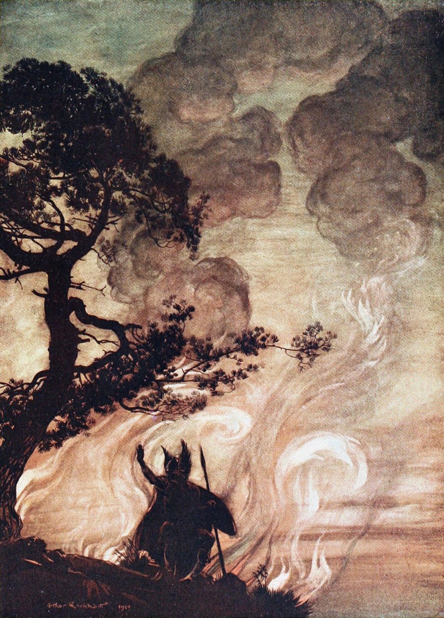 Wotan kääntyy ja katsoo surullisena takaisin Brünnhildeen. Kuvitus teoksiin The Rhinegold ja The Valkyr tekijältä Arthur Rackham