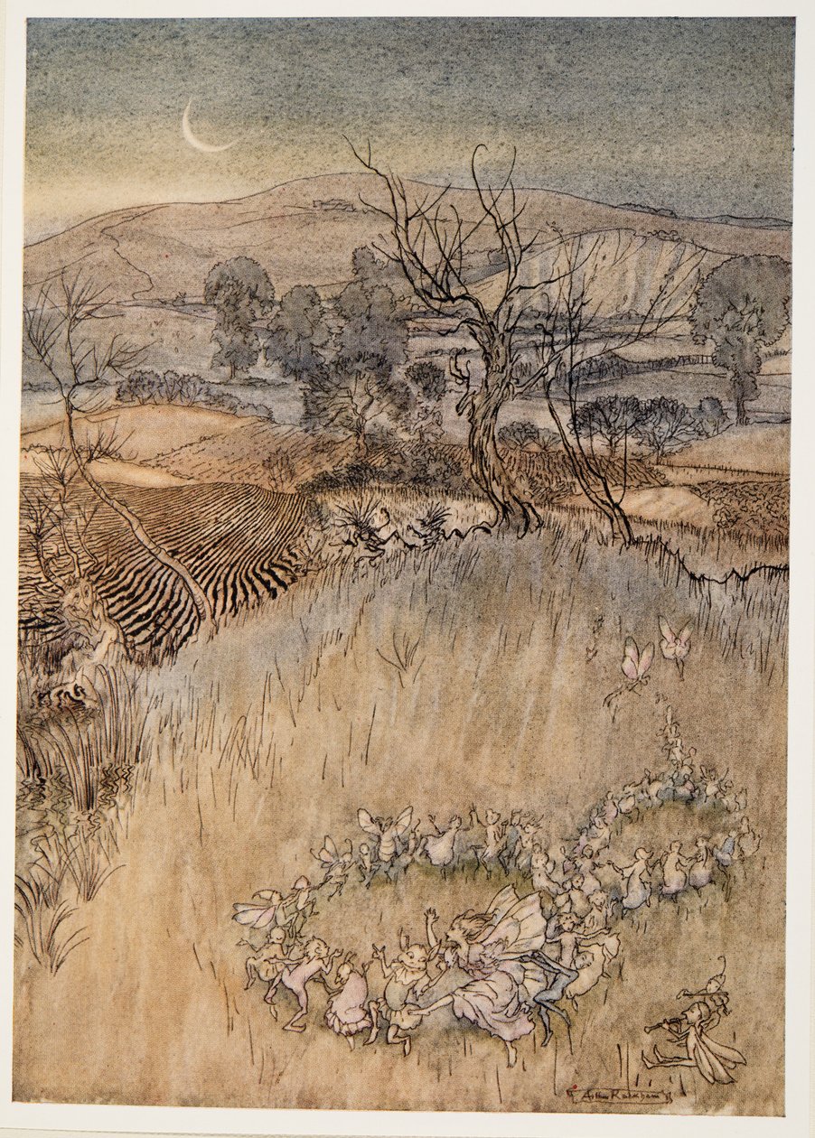 Te deminuket, jotka kuutamolla teette vihreät, happamat rengastukset, kuvitus William Shakespearen Myrsky -teoksesta, pub. 1926 tekijältä Arthur Rackham