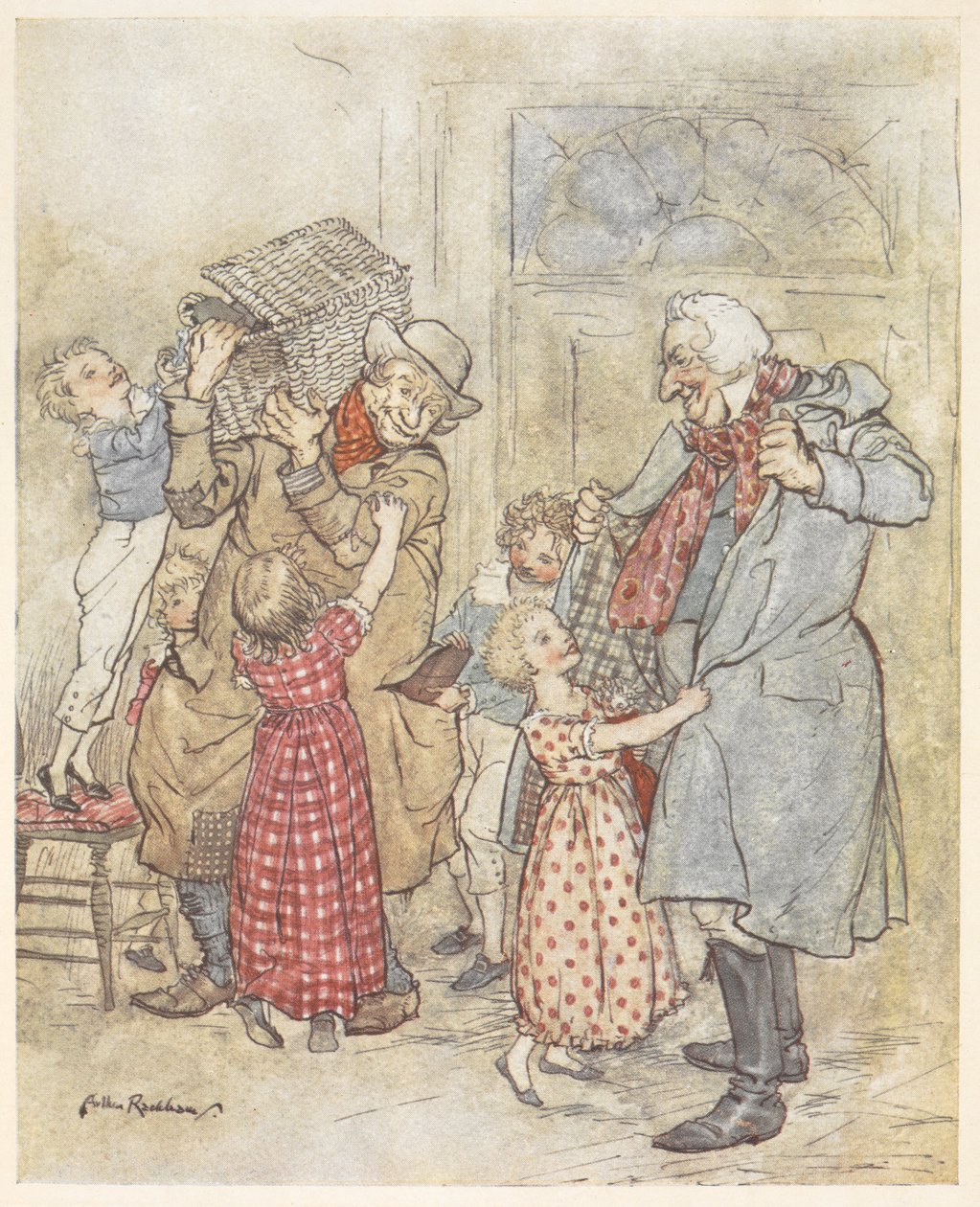 Pienet lapset auttavat kahta vanhempaa miestä pukeutumaan takkiinsa, kun he tulevat taloon kantaen joululahjoja tekijältä Arthur Rackham