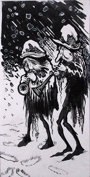 "Yule Logs, Snapdragon, Wassail, Waits and Holly", kuvitus "Old Friend Christmas", kirjoittanut C.V. Godby (kynä ja muste yksivärisellä vesivärillä ja vartalovärillä paperilla) tekijältä Arthur Rackham