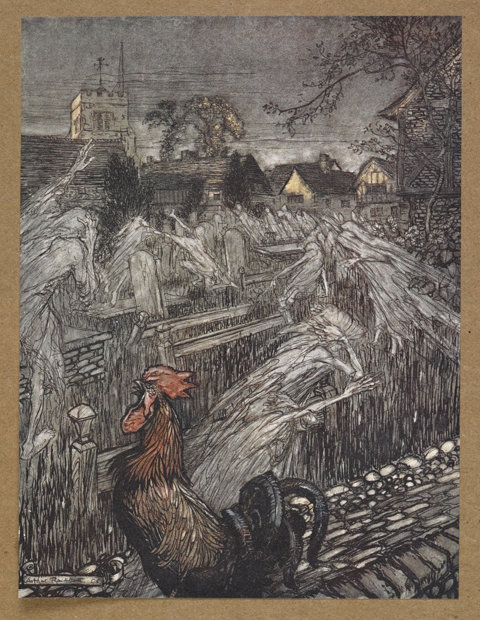 ... aaveet, vaeltavat siellä täällä, joukot kotiin kirkkomaille. Kohtaus Kesäyön unelmasta. tekijältä Arthur Rackham
