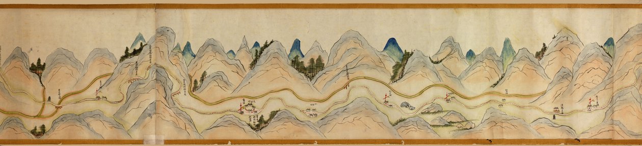 16 000. toimitetaan. Suuntautunut pohjoinen oikealle. Reliefi kuvattuna. Lintuperspektiivi. Kattaa Wei-joen Baoji Xianissa, Shanxi Shengistä Shu Daoon Shanxin ja Sichuanin rajalla. Näyttää siirtokuntia, taukopaikkoja, asemat, majatalot, temppelit, vuoristo tekijältä Arthur W. Hummel