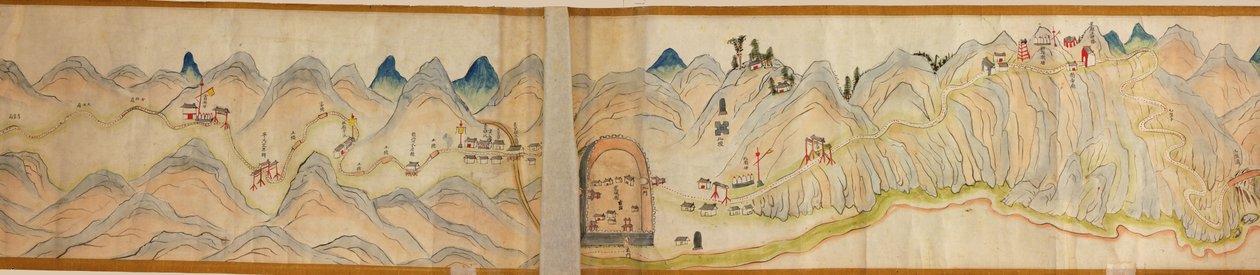 16 000. toimitetaan. Suuntautunut pohjoinen oikealle. Reliefi kuvattuna. Lintuperspektiivi. Kattaa Wei-joen Baoji Xianissa, Shanxi Shengistä Shu Daoon Shanxin ja Sichuanin rajalla. Näyttää siirtokuntia, taukopaikkoja, asemat, majatalot, temppelit, vuoristo tekijältä Arthur W. Hummel
