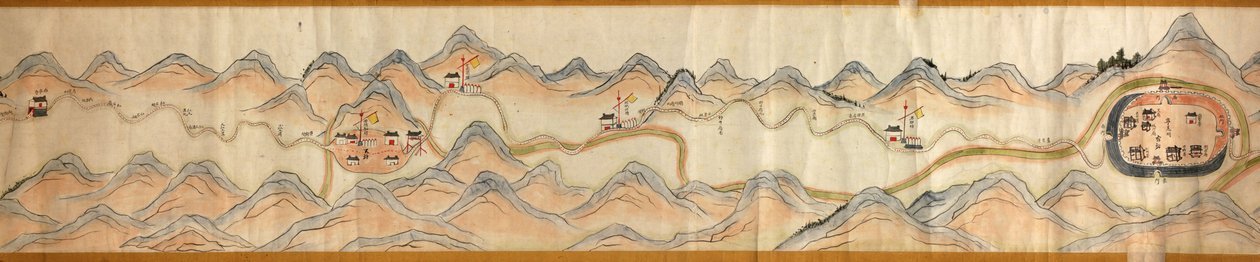 16 000. toimitetaan. Suuntautunut pohjoinen oikealle. Reliefi kuvattuna. Lintuperspektiivi. Kattaa Wei-joen Baoji Xianissa, Shanxi Shengistä Shu Daoon Shanxin ja Sichuanin rajalla. Näyttää siirtokuntia, taukopaikkoja, asemat, majatalot, temppelit, vuoristo tekijältä Arthur W. Hummel