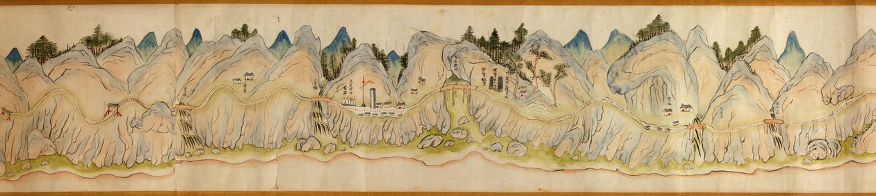 16 000. toimitetaan. Suuntautunut pohjoinen oikealle. Reliefi kuvattuna. Lintuperspektiivi. Kattaa Wei-joen Baoji Xianissa, Shanxi Shengistä Shu Daoon Shanxin ja Sichuanin rajalla. Näyttää siirtokuntia, taukopaikkoja, asemat, majatalot, temppelit, vuoristo tekijältä Arthur W. Hummel