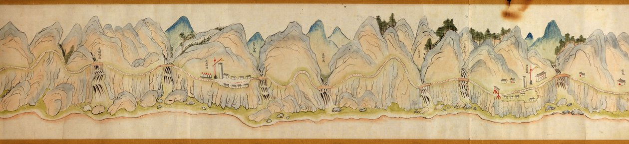 16 000. toimitetaan. Suuntautunut pohjoinen oikealle. Reliefi kuvattuna. Lintuperspektiivi. Kattaa Wei-joen Baoji Xianissa, Shanxi Shengistä Shu Daoon Shanxin ja Sichuanin rajalla. Näyttää siirtokuntia, taukopaikkoja, asemat, majatalot, temppelit, vuoristo tekijältä Arthur W. Hummel