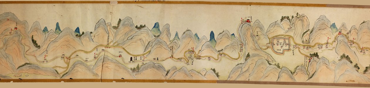 16 000. toimitetaan. Suuntautunut pohjoinen oikealle. Reliefi kuvattuna. Lintuperspektiivi. Kattaa Wei-joen Baoji Xianissa, Shanxi Shengistä Shu Daoon Shanxin ja Sichuanin rajalla. Näyttää siirtokuntia, taukopaikkoja, asemat, majatalot, temppelit, vuoristo tekijältä Arthur W. Hummel