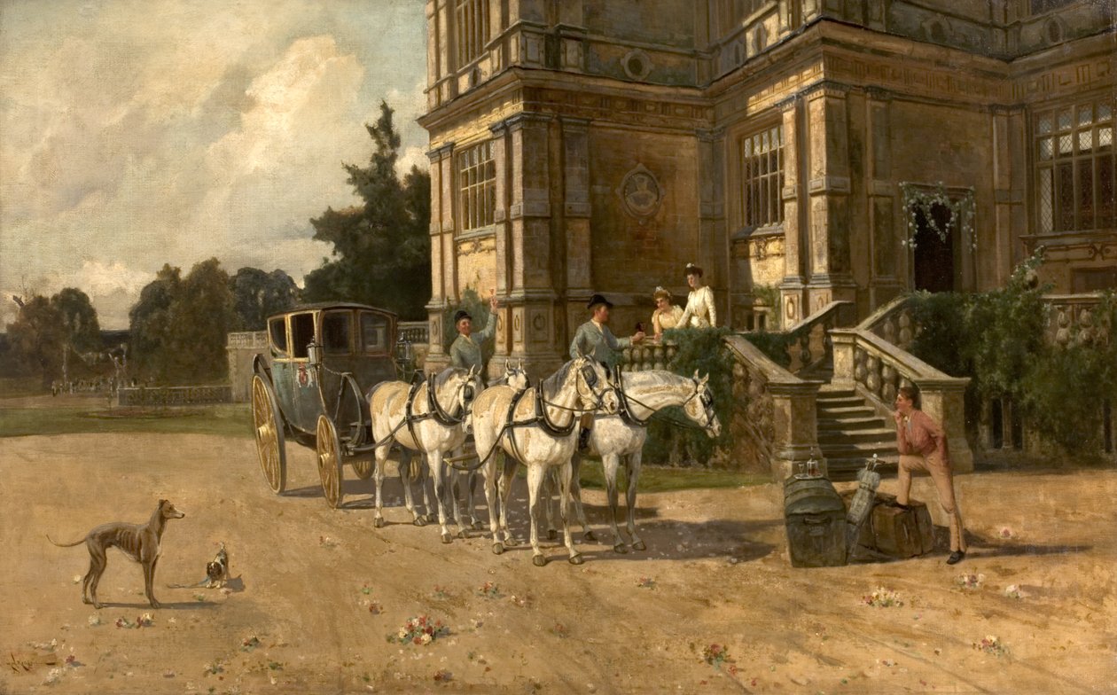 Etunäkymä Wollaton Hallista, Nottingham, hevosen ja vaunujen kanssa, n. 1880-1906 tekijältä Arthur Walker Redgate
