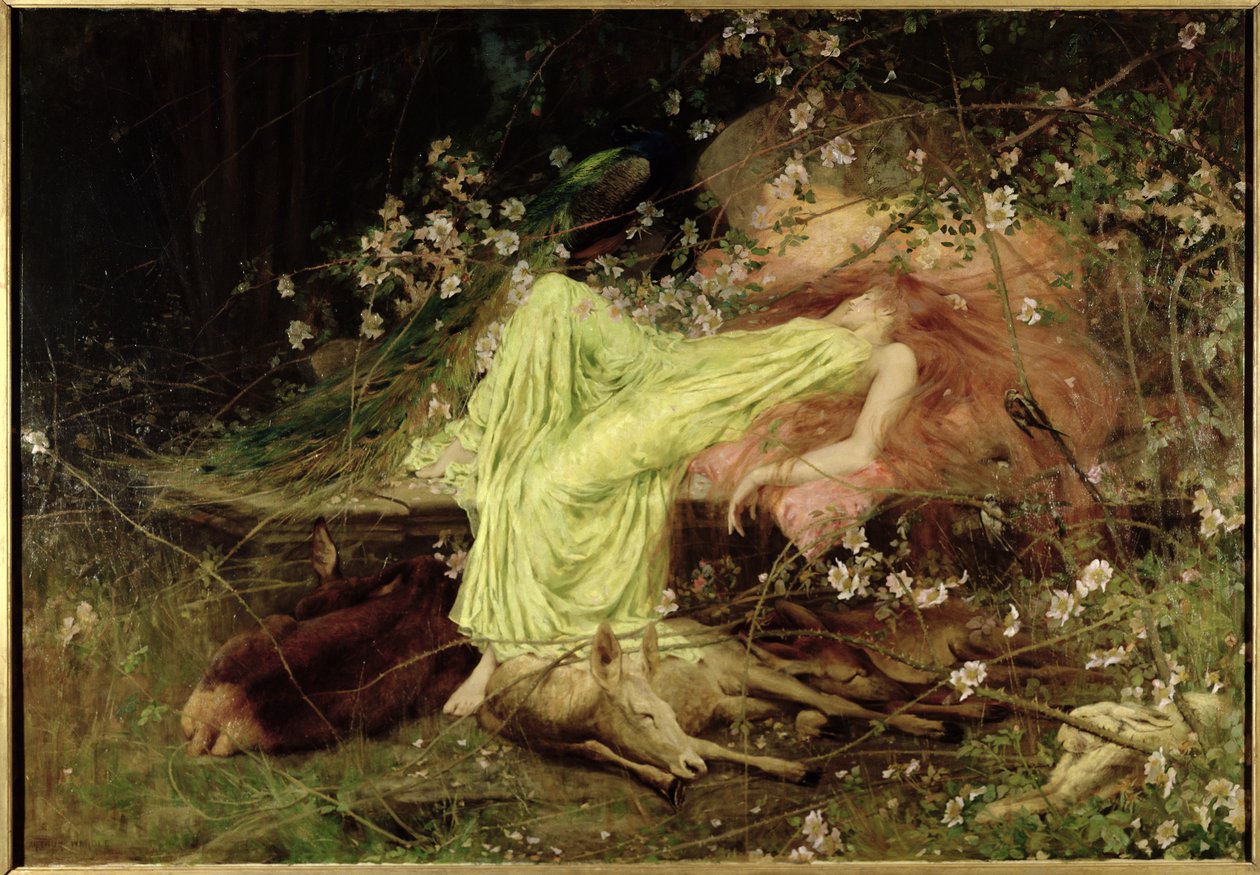 A Fairy Tale: "Kaikki näytti nukkuvan, arka jänis muodossa" - Scott, n. 1895 (öljy kankaalle) tekijältä Arthur Wardle