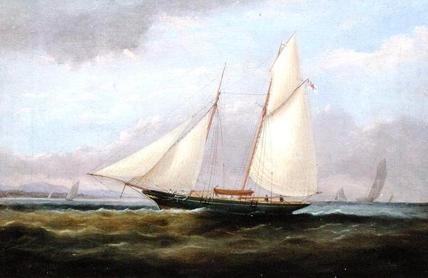 Kuunajahti Easy Sailin alla, jonka etupurje on laskettu (öljy kankaalle) tekijältä Arthur Wellington Fowles