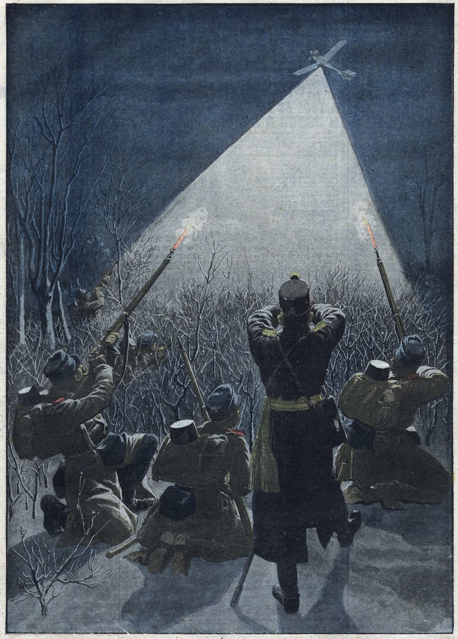 1913: Galician rajoilla itävaltalaiset tulittavat venäläisiä tiedustelulentoja (ilmatorjunta). tekijältä Artist Unknown