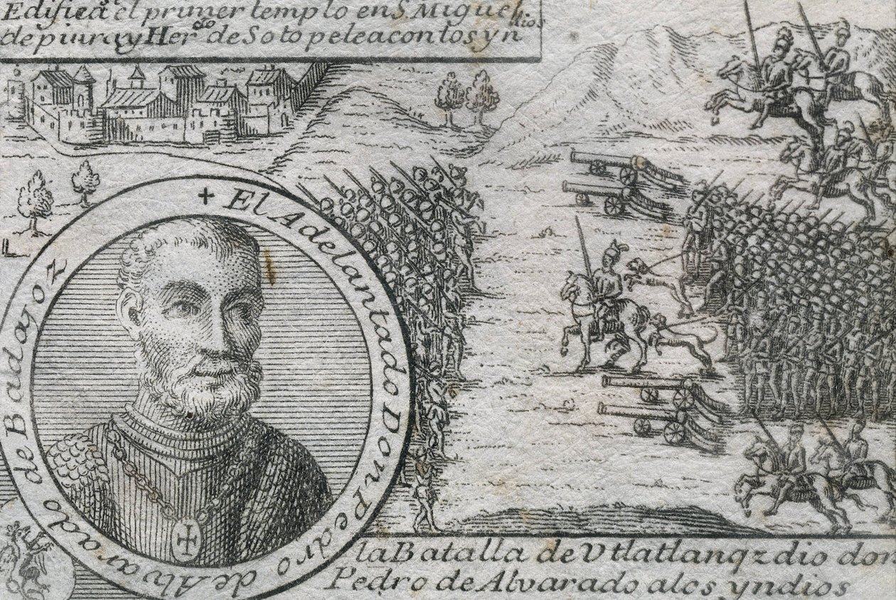 ALVARADO, Pedro de (1485-1541). Espanjalainen valloittaja ja Guatemalan kuvernööri. Ulatlangan taistelu tekijältä Artist Unknown
