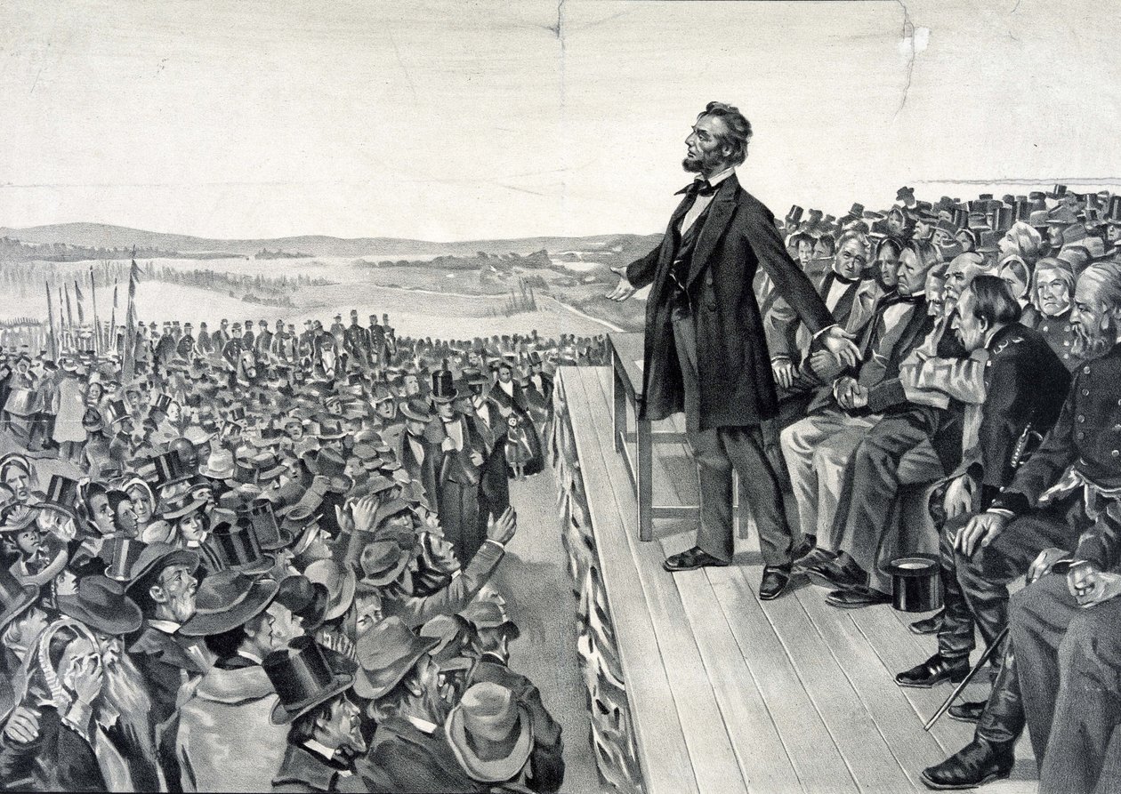 Abraham Lincoln pitämässä kuuluisaa puhettaan 19. marraskuuta 1863. tekijältä Artist Unknown