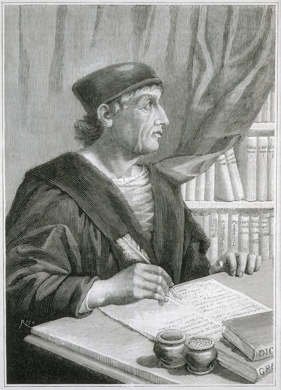 Antonio de NEBRIJA (Antonio Martinez de Cala y Xarava, Antonius Nebrissensis, Antonius Lebrixen) (1441-1522). Englantilainen humanisti ja kielioppinut. Kaiverrus tekijältä Artist Unknown