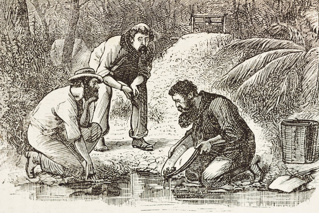 Australia (1880). Kullankaivajien elämä Botany Bayssä (perustettu 1788). Kaiverrus. Yksityiskokoelma tekijältä Artist Unknown