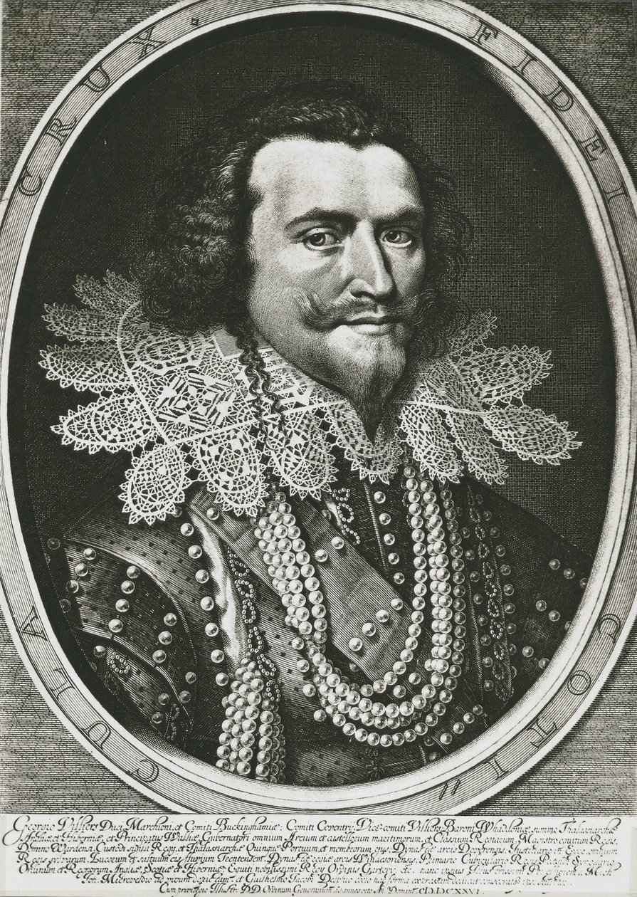 BUCKINGHAM, George Villiers, herttua (1592-1628). Brittiläinen poliitikko, Jaakko I:n ja Kaarle I:n suosikki. Etsaus. tekijältä Artist Unknown