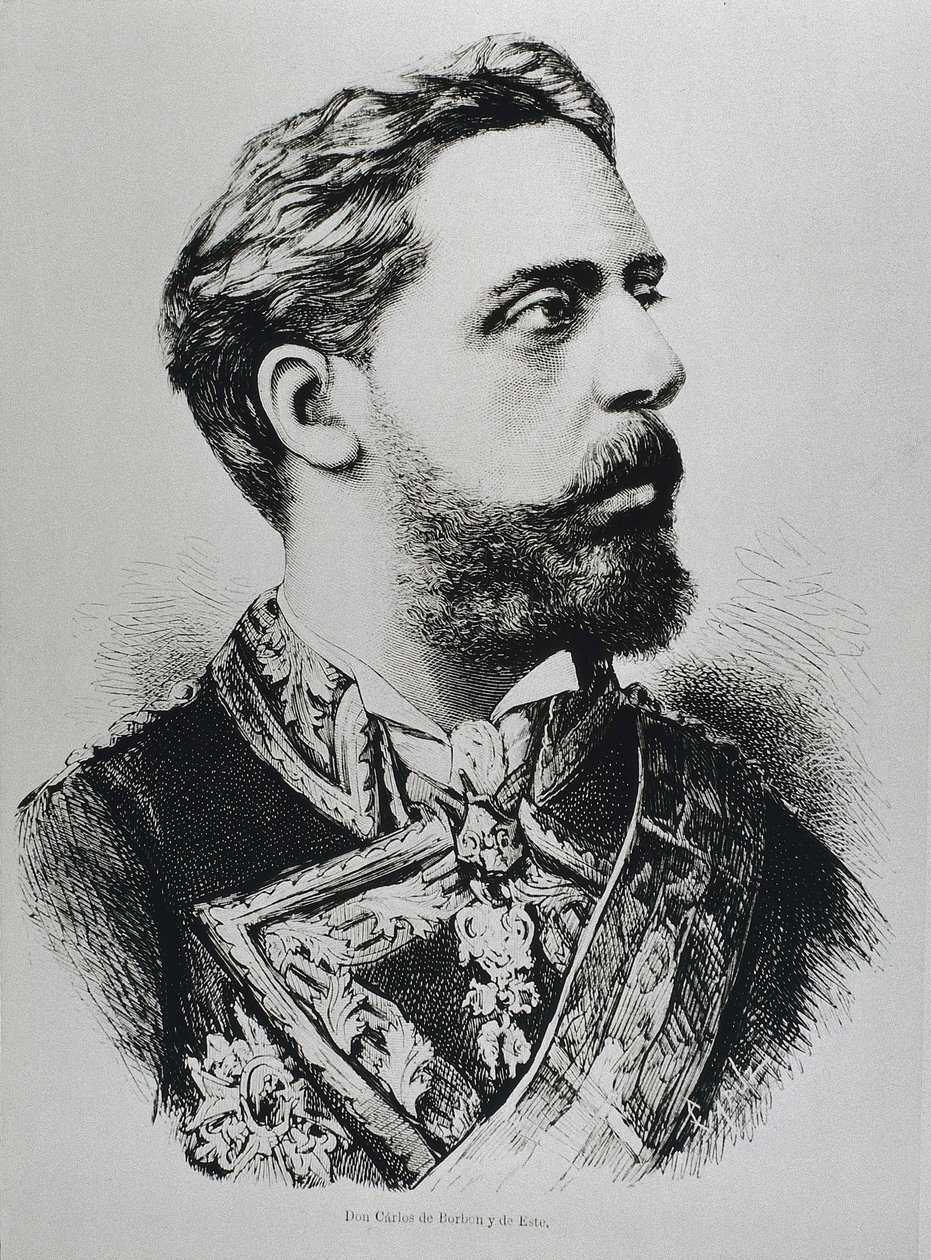 CARLOS VII, Carlos Maria de los Dolores de Borbon y Austria-Este (1848-1909). Karlisti pyrki Espanjan valtaistuimelle nimellä Carlos VII. Espanja. Karlisti. Kaarle VII, karlistien kruununhakija. Julkaistu julkaisussa "La ilustracion Espanola y Americana".  tekijältä Artist Unknown