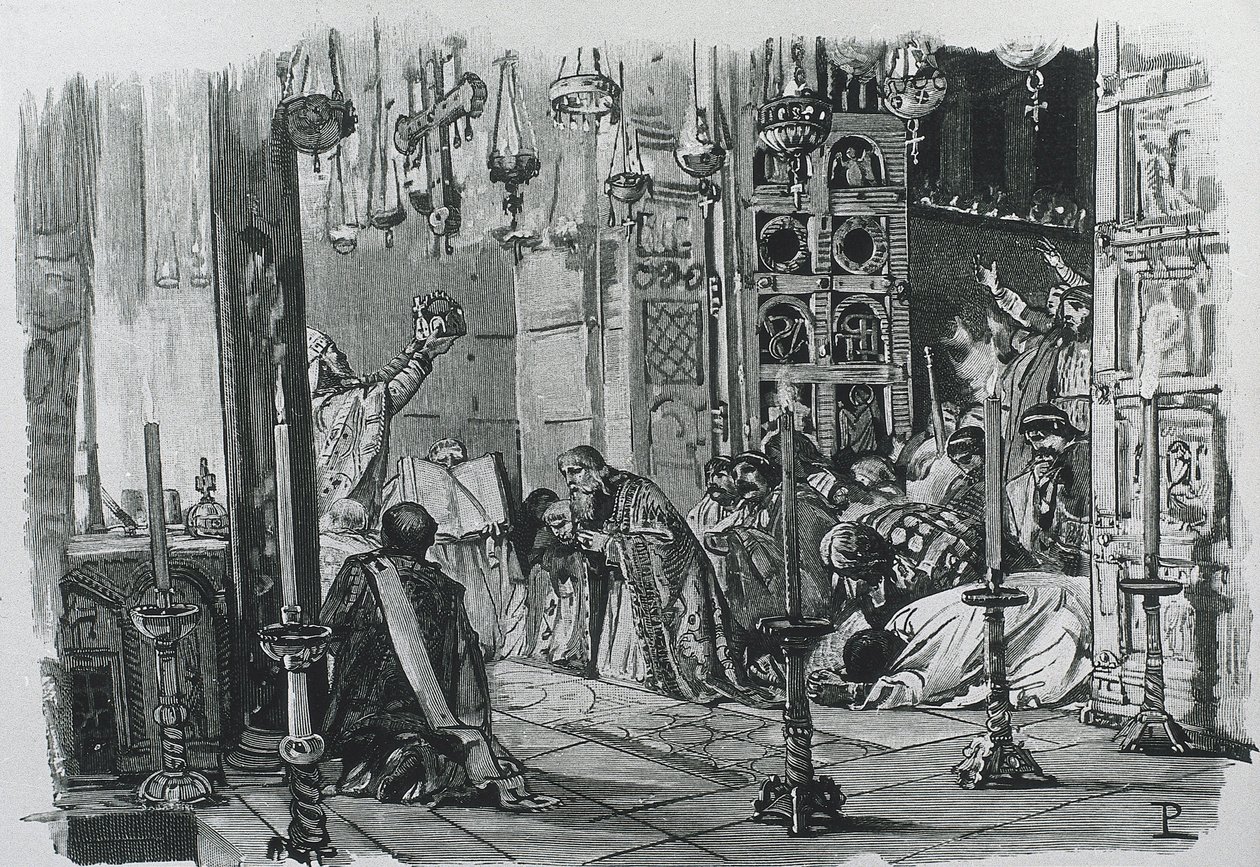 CHARLEMAGNE tai CHARLES I (742-814). Franskien ja lombardien kuningas (768-814) ja Pyhän saksalais-roomalaisen keisarikunnan keisari (800-814). Kaarle Suuren kruunajaiset Pyhän Rooman keisariksi (800). Kaiverrus. tekijältä Artist Unknown