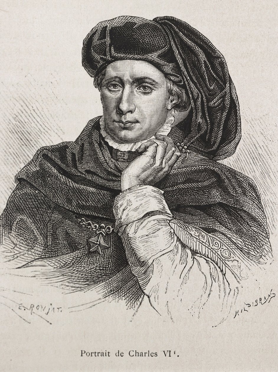 Ranskan Kaarle VI, jota kutsuttiin "Hyvin rakastetuksi" (1368-1422). Ranskan kuningas (1380-1422), Valois-dynastia. Kaiverrus. tekijältä Artist Unknown