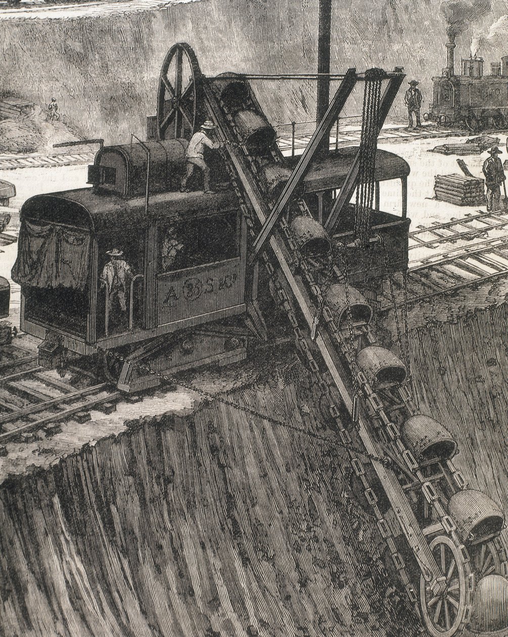 Panaman kanavan rakentaminen. Ruoppaustyöt Culebran kylässä. Meltor Priorin alkuperäinen piirustus. Kuva julkaistu The Illustrated London News -lehdessä. Kaiverrus. tekijältä Artist Unknown