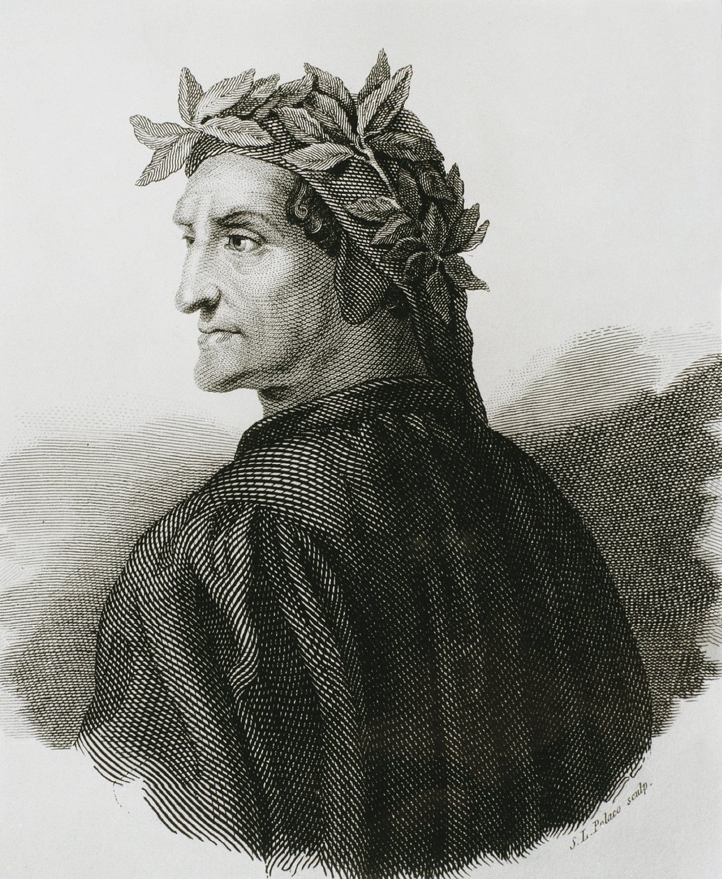 DANTE ALIGHIERI (1265-1321). Italialainen runoilija; Rafael (1483-1520). Rafaelin freskon jäljennös. Kaiverrus. tekijältä Artist Unknown