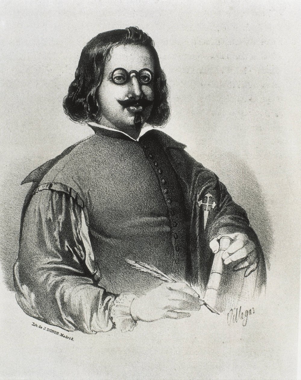 DONON, Julio (1800-luku). Francisco de Quevedo. Litografia tekijältä Artist Unknown