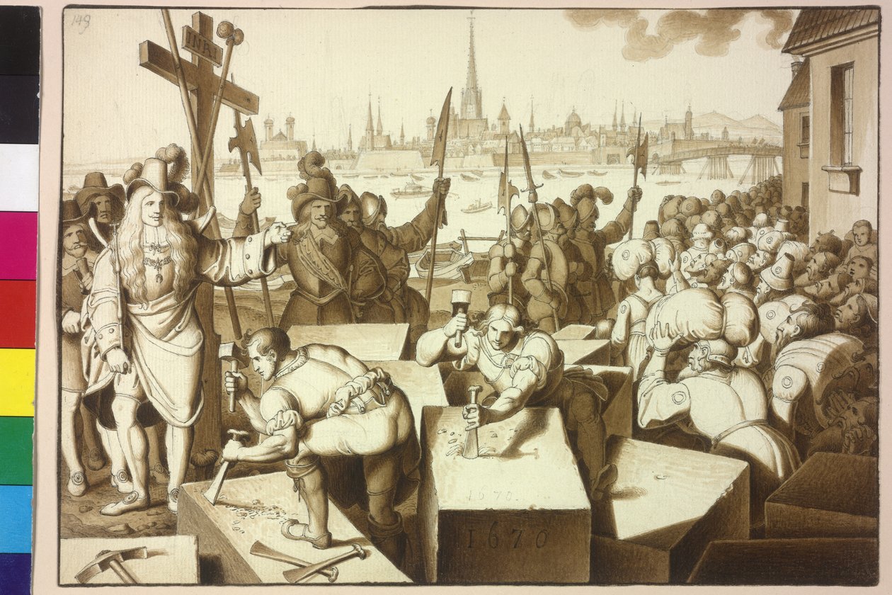 Keisari Leopold I karkottaa juutalaisen ja antaa rakentaa Leopoldstadtissa Jumalan taloja tekijältä Artist Unknown