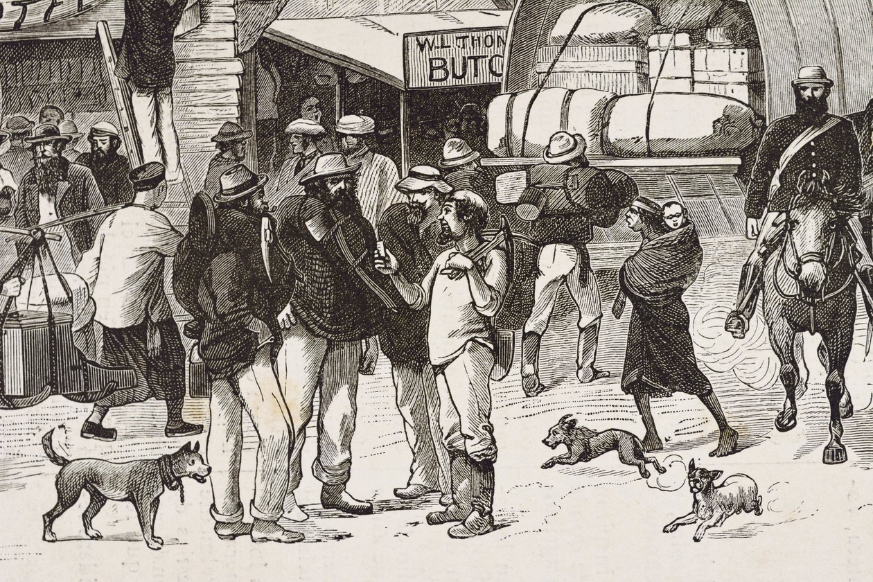 Englanti (19. vuosisata). Siirtolaisuus (1880). Kullankaivajien elämä Australiassa. Englantilainen Botany Bayn siirtokunta (perustettu vuonna 1788), jota aluksi asuttivat lähinnä rikolliset, joista tuli kullankaivajia ja kauppiaita. Kaiverrus. Yksityiskoko tekijältä Artist Unknown