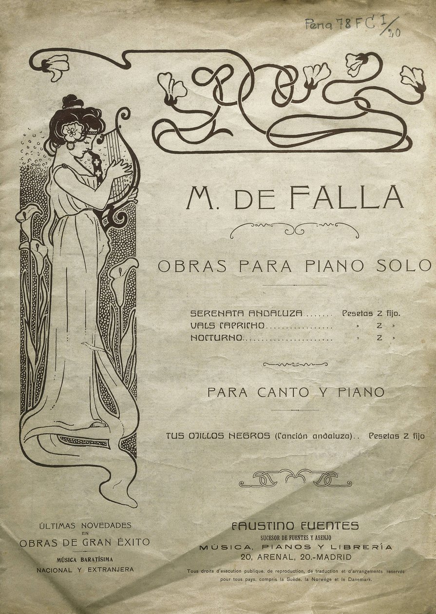 FALLA, Manuel de (1876-1946). Espanjalainen säveltäjä ja pianisti. Teoksia pianosoololle sekä pianolle ja lauluäänelle. Toimitettu Madridissa. tekijältä Artist Unknown