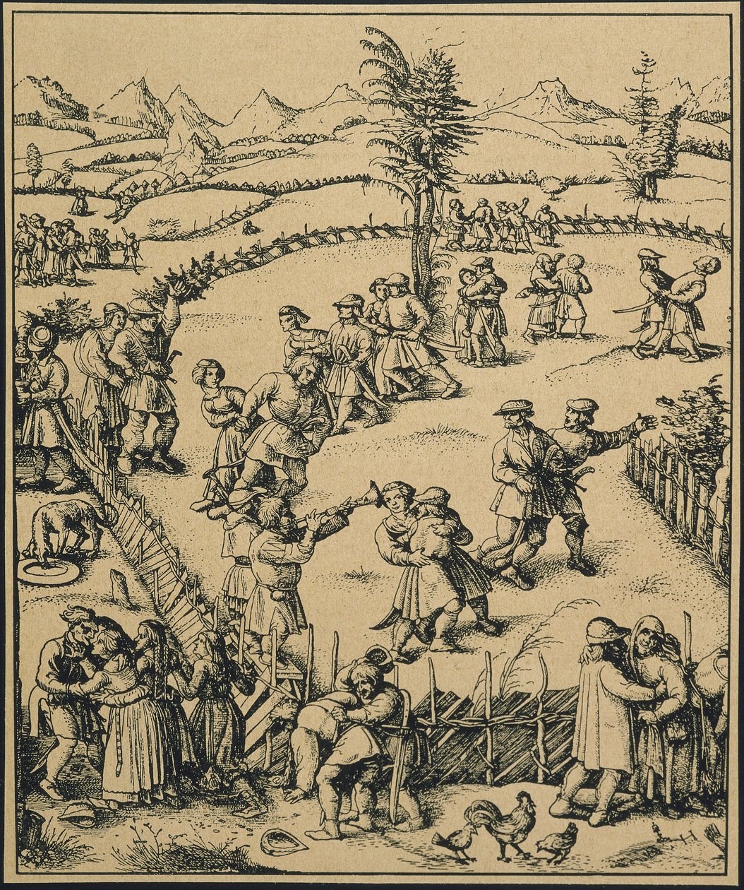 Maanviljelijöiden juhla saksalaisella maatilalla ("Der Jahrmarkt"). Musiikkia ja tanssia. (kaiverrus) tekijältä Artist Unknown