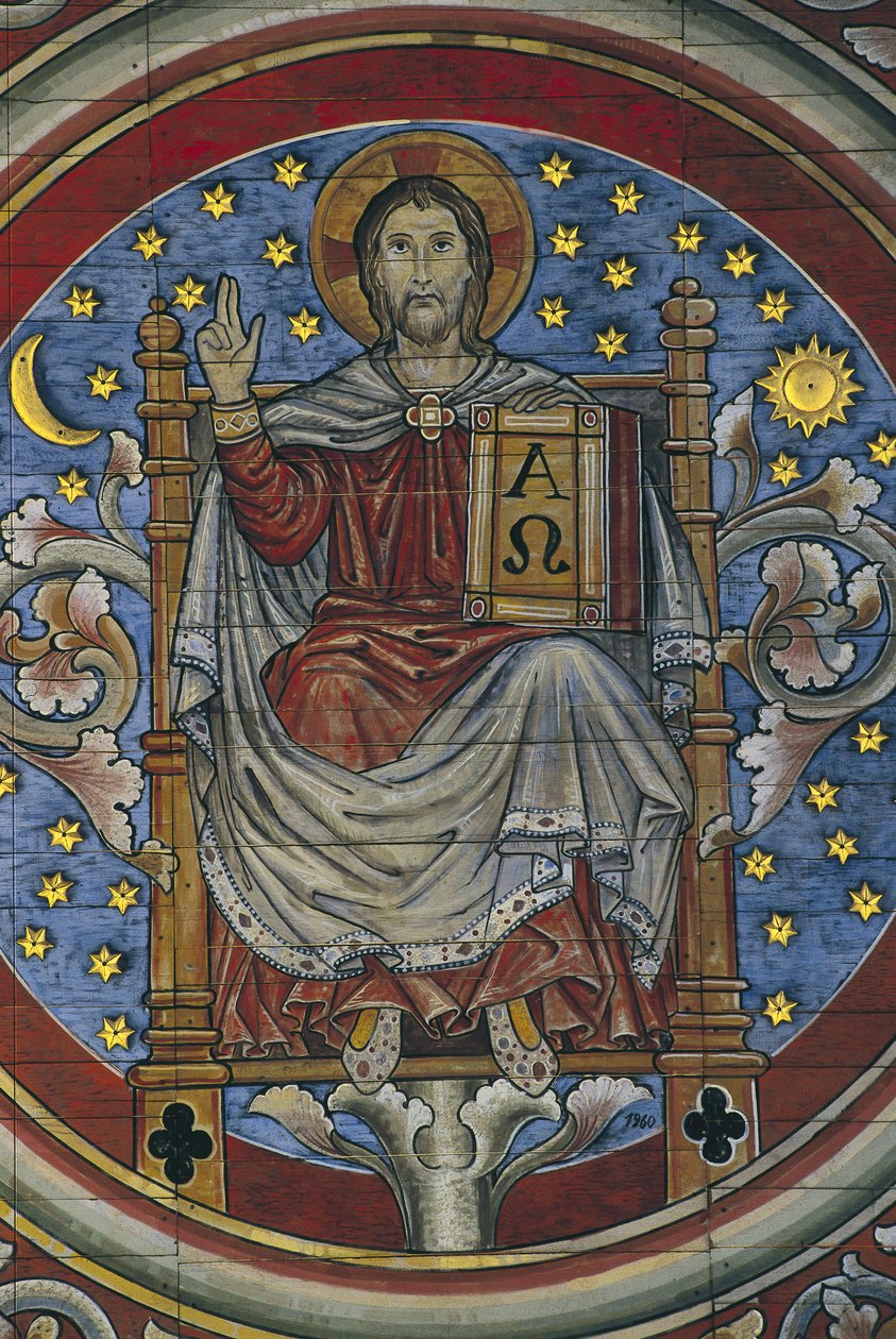 SAKSA. LOWER SAXONY. Hildesheim. Sankt Michaelin kirkko. Kristus kruunattuna, yksityiskohta puisesta katosta (1200-luku). Romaanista taidetta tekijältä Artist Unknown