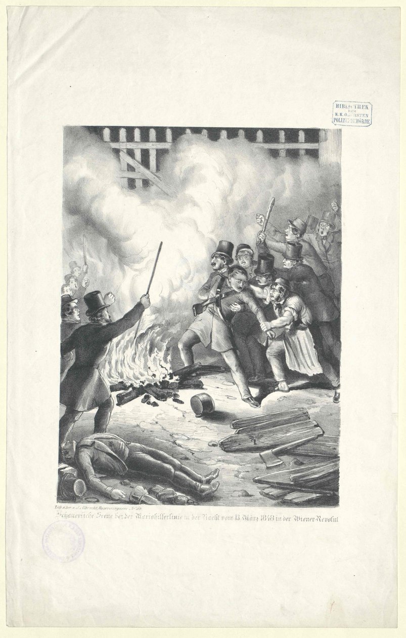 Gauntly kohtaus Mariahilfer-linjalla 13. maaliskuuta 1848 Wienin vallankumouksen yönä. tekijältä Artist Unknown