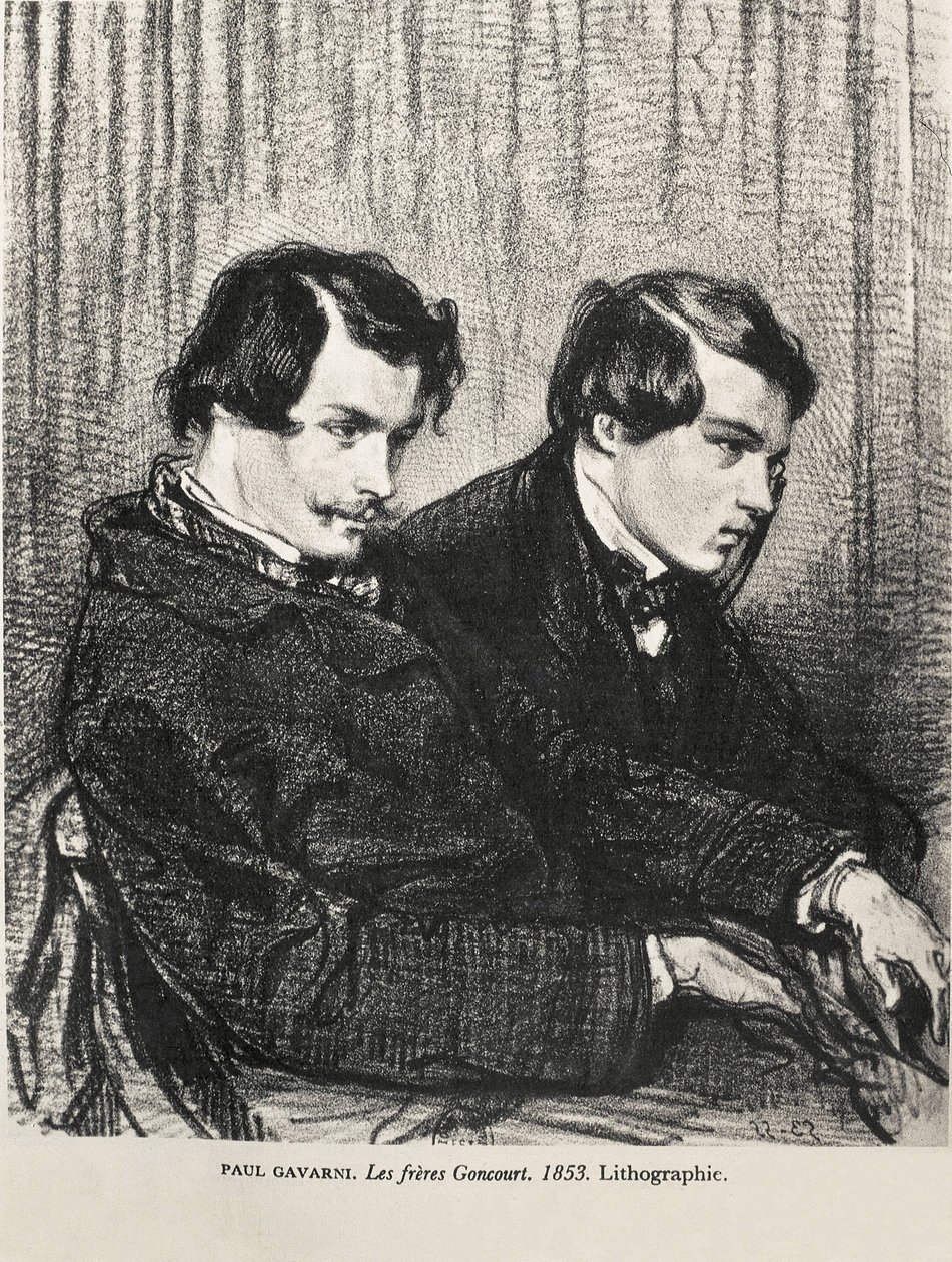Gavarni, Hippolyte-Guillaume-Sulpice Chevalier, nimeltään Paul (1804-1866). Edmond ja Jules de Goncourt teatterin aitiossa. 1853. GONCOURT, Edmon Huot of (1822-1896). Englantilainen kirjailija; GONCOURT, Jules Huot de (1830-1870). Englantilainen kirjailija tekijältä Artist Unknown
