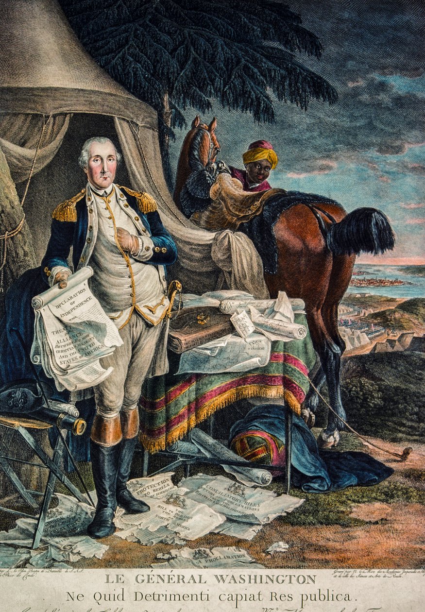 George Washington taisteluleirillä itsenäisyysjulistus kädessään (käsin väritetty kaiverrus) tekijältä Artist Unknown