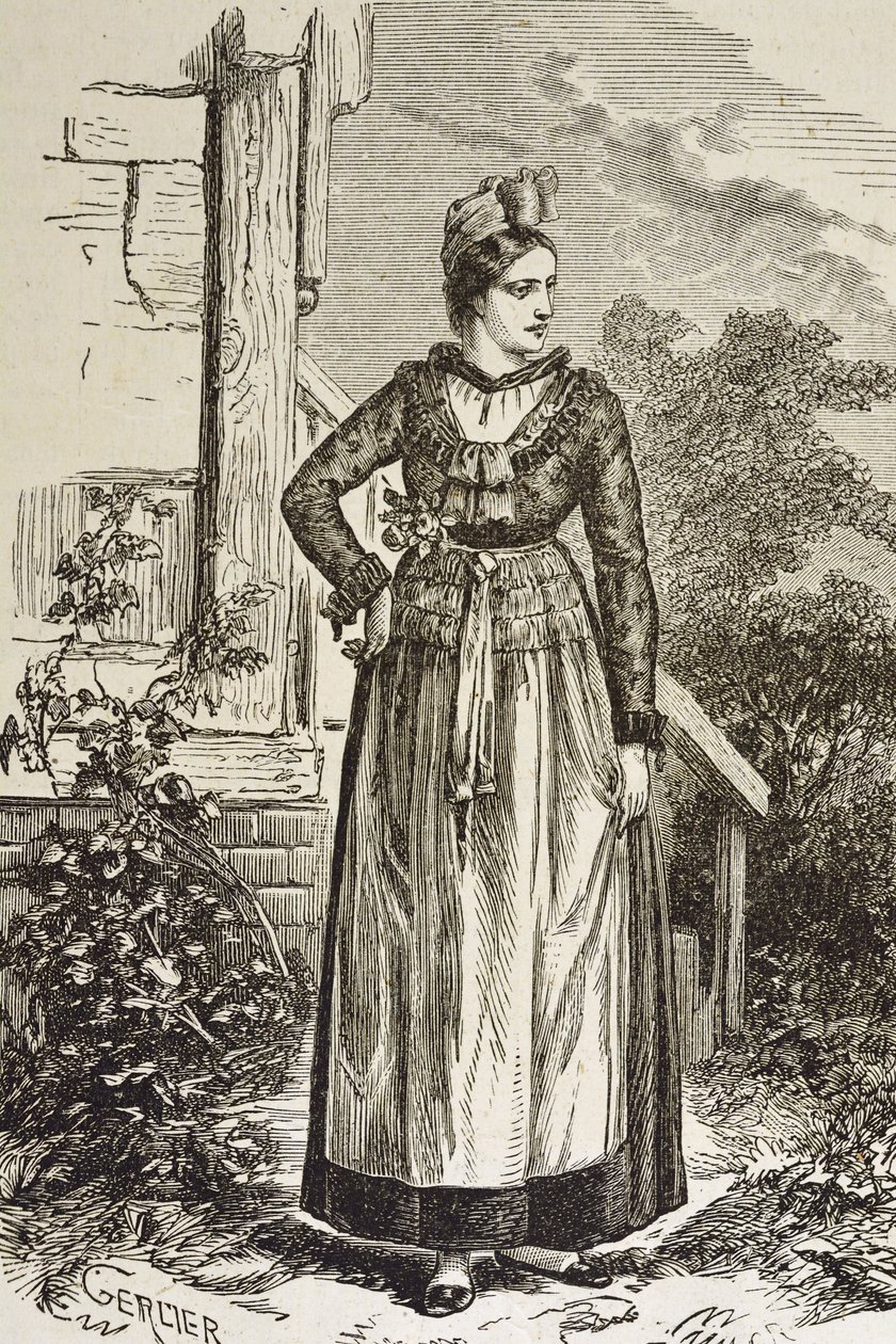 Saksa (19. vuosisata). Yhteiskunta (1879). Alsace. Alueen naiset. Juuri nyt Elsassissa oli Saksan valtakunnansääty (1871-1918). Kaiverrus. Yksityiskokoelma tekijältä Artist Unknown