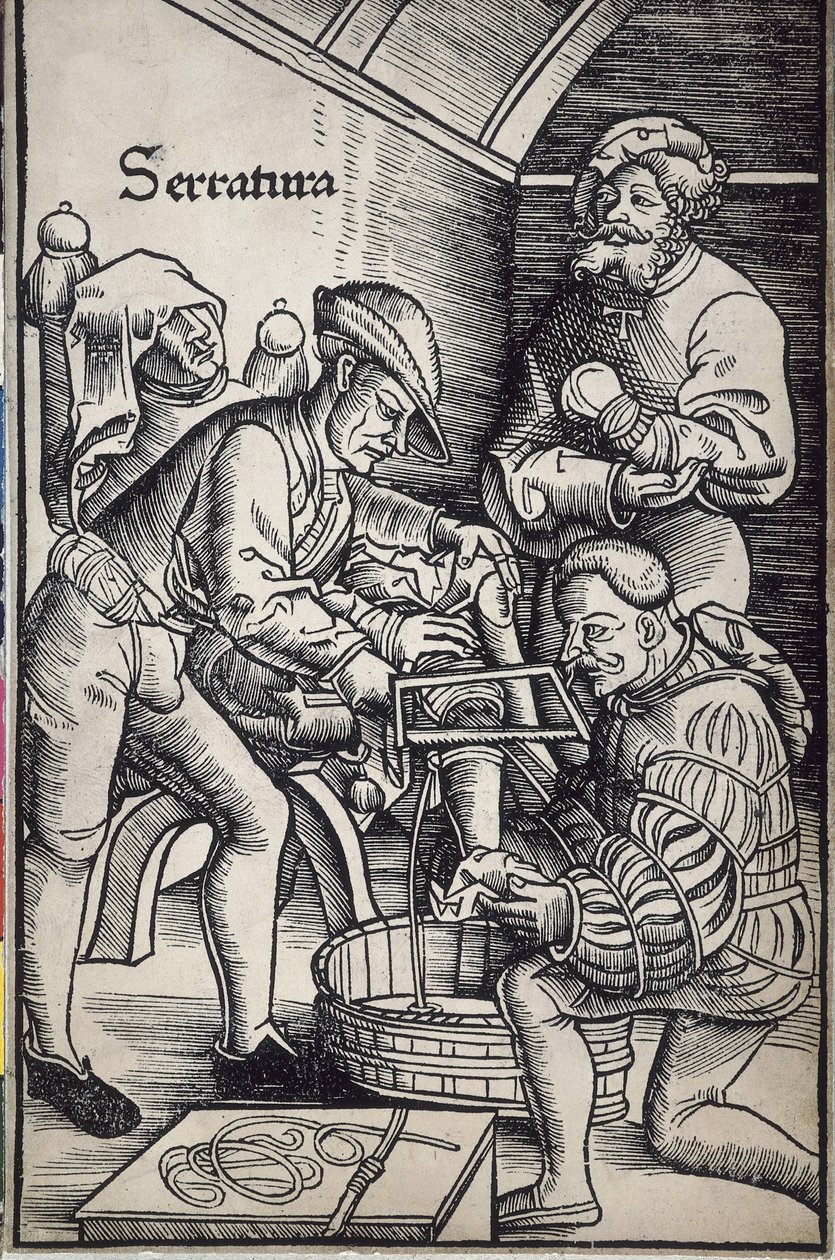 Gersdorff, Hans von (1455 - 1529). Saksalainen kirurgi. Jalan amputaatio. Hans Wechtlinin tekemä puupiirros kirjaa "Feldtbuch der Wundartzney" (kirurgian kenttäkirja) varten. tekijältä Artist Unknown