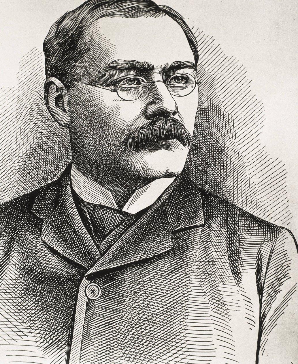 KIPLING, Rudyard (1865-1936). Brittiläinen kirjailija, syntynyt Intiassa. Nobelin kirjallisuuspalkinto 1907. Kiplingin muotokuva. Kaiverrus. tekijältä Artist Unknown