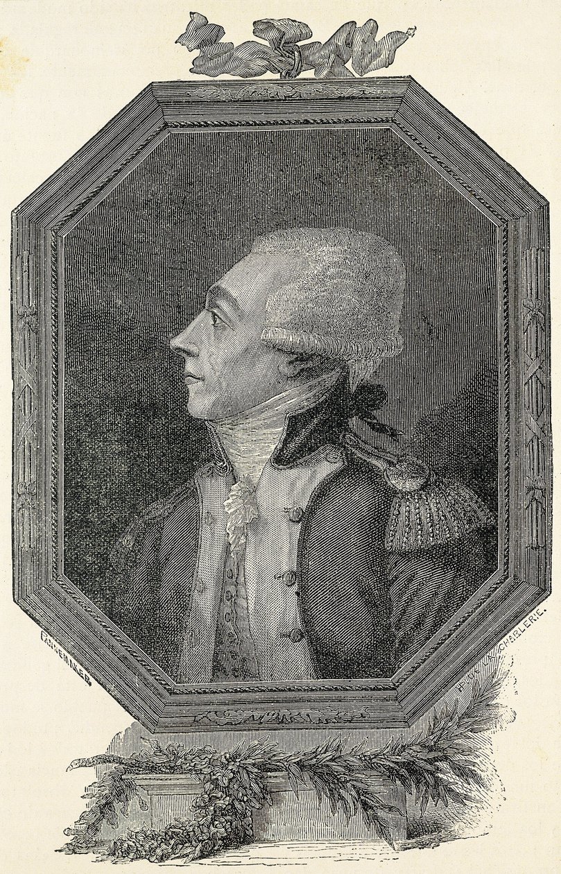 Lafayette, Marie Joseph Gilbert Motie Motier, markiisi (1757-1834). Ranskalainen aristokraatti ja sotilas, liberaali aatemaailma. Etsaus tekijältä Artist Unknown