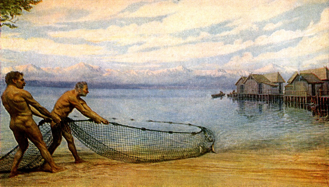 Lake Dwellers Fishing, Esihistoriallinen ihminen (painettu) tekijältä Artist Unknown