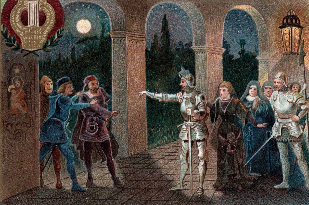 Leonora sieppaa Manricon luostarista, II näytöksen kohtaus 5 Giuseppe Verdin oopperasta "Il Trovatore". tekijältä Artist Unknown