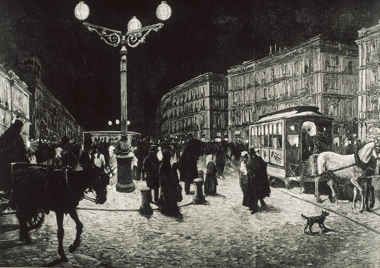 Madrid (1878). Puerta del Sol valaistuna sähkövalolla. Kuva Pellicerin piirroksen mukaan "La Ilsutracion Espanola y Americana" -lehteen. Etsaus. tekijältä Artist Unknown