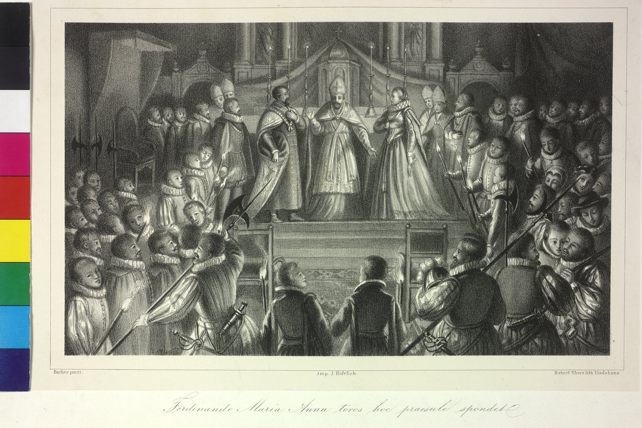 Ferdinand III:n avioliitto Espanjan infantti Maria Annan kanssa kardinaali Franz Dietrichsteinin toimesta 20. helmikuuta 1631. tekijältä Artist Unknown