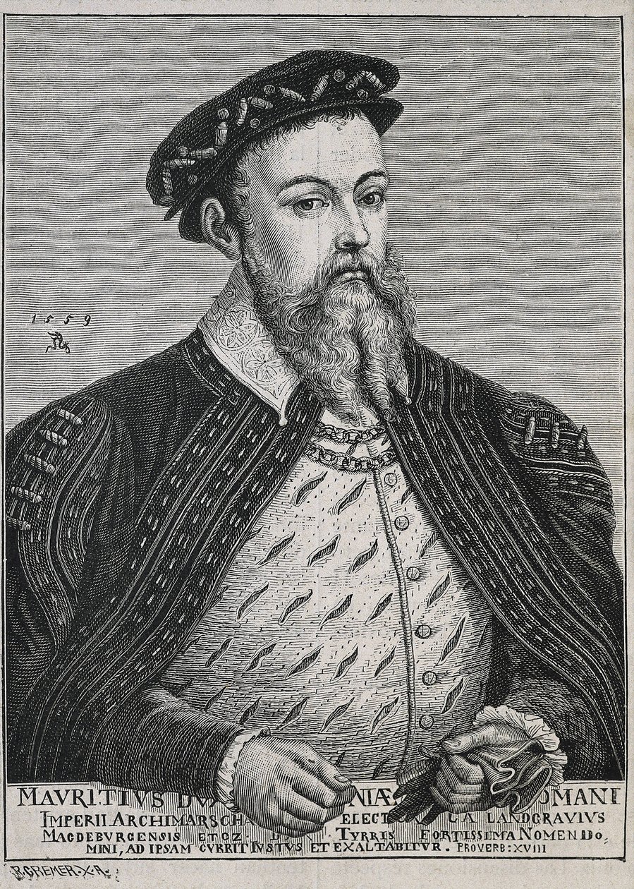 Maurice Saksalainen (1521-1553). Saksin herttua (1541-47) ja myöhemmin vaaliruhtinas (1547-53). Protestantti vuodesta 1539 alkaen. Muotokuva perustuu Lucas Cranachin maalaukseen. Kaiverrus tekijältä Artist Unknown