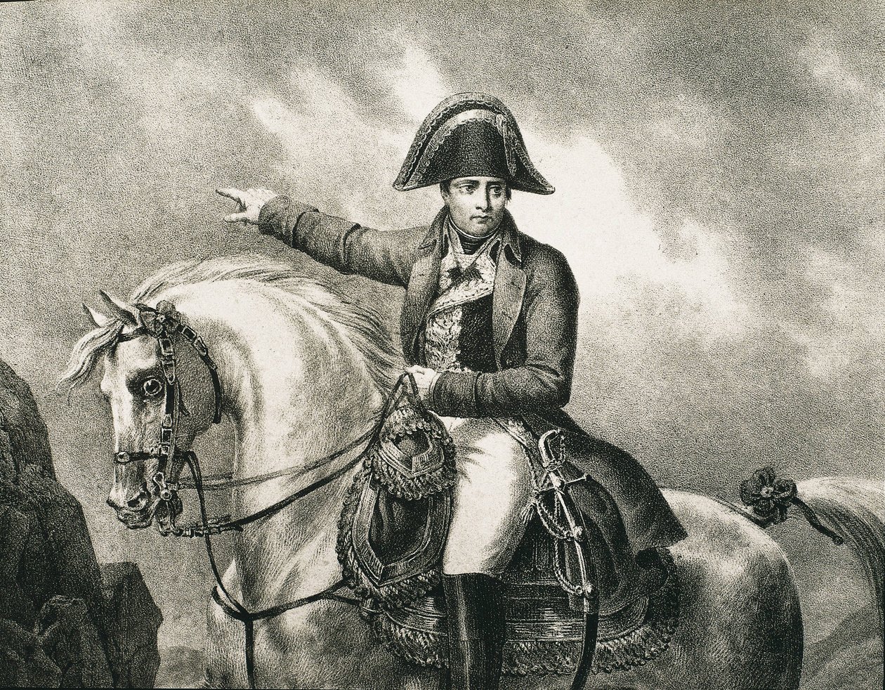 NAPOLEON I Bonaparte (1769-1821). Ranskalainen sotilas ja poliitikko, Ranskan keisari (1804-1815). Yksityiskohta Napoleonin ratsastajamuotokuvasta, joka perustuu Joseph Chabordin alkuperäiseen muotokuvaan. Kaiverrus tekijältä Artist Unknown