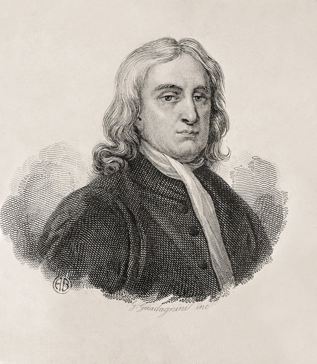 Newton, Sir Isaac (1642-1727). Englantilainen matemaatikko, fyysikko ja tähtitieteilijä; GUADAGNINI, Gaetano (1800-1860). Italialainen kaivertaja. Isaac Newtonin muotokuva, Gaetano Guadagninin teos. Kaiverrus. ITALIA. LOMBARDY. Milano. Civica Raccolta dell tekijältä Artist Unknown