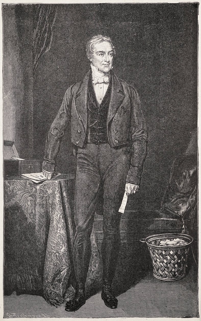 PEEL, Robert (1788-1850). Yhdistyneen kuningaskunnan pääministeri (1834-1835 ja 1841-1846). Kaiverrus Rafael Wardille. Kaiverrus. tekijältä Artist Unknown