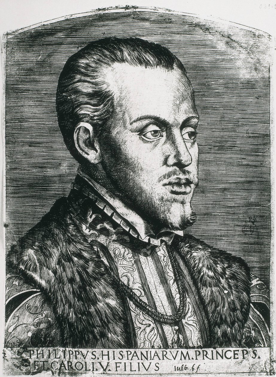 Espanjan Filip II (1527-1598). Espanjan (1556-1598) ja Portugalin (1580-1598) kuningas. Muotokuva Filipistä vielä prinssinä. Ksylografia. tekijältä Artist Unknown