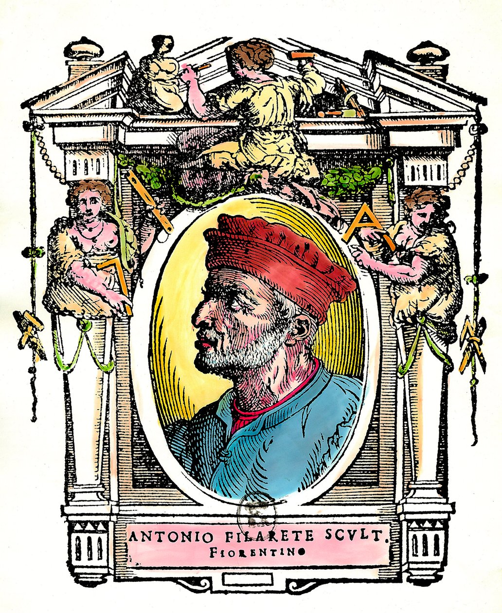 Antonio Filareten (Antonio di Pietro Averlino tai Averulino), firenzeläisen kuvanveistäjän muotokuva (kaiverrus) tekijältä Artist Unknown